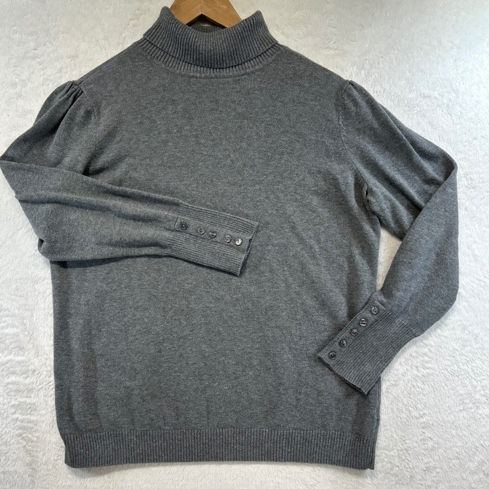 Dark Academia Puff Shoulder Turtleneck Sweater L Gray Cotton Button‎ Cuff Modest